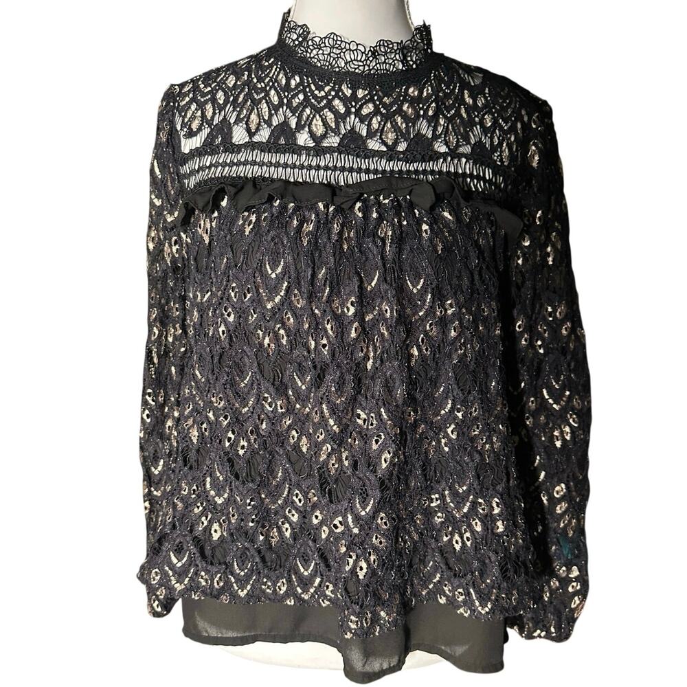 Blue Rain Black Small Lace Blouse Mock Neck A Line Party Goth Steampunk
